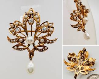 A 14k gold, pearl, and diamond convertible brooch with a hinged pendant bail. Victorian revival style.