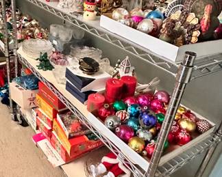 Racks and shelves full of vintage Christmas and Thanksgiving decorations, many in original packaging