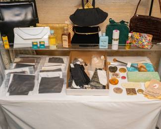 Vintage evening bags and purses, women's gloves, compacts, perfume, and more