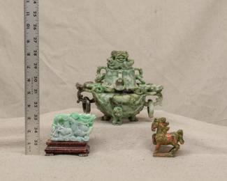 A finely carved Chinese jade sculpture of a dragon amidst scrolling clouds; a Chinese carved hard stone lidded incense burner, and a small hard stone carving of a horse