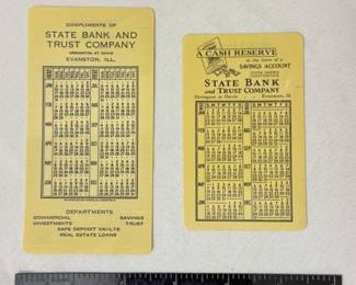 1932 State Bank and Trust Company  Evanston Illinois printed card pocket calendar, and a 1933 State Bank and Trust Company  Evanston Illinois printed card pocket calendar