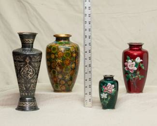 Decorative vases including vintageJapanese red and green cloisonné enamel Ginbari foil silver vases marked SATO Japan