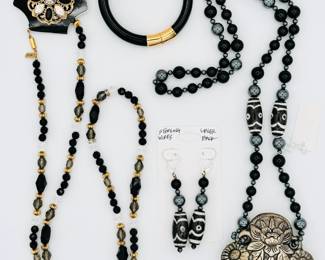 Dramatic vintage necklaces in black, gold and greys including beaded necklace with silver metal Tibetan style flower basket pendant and matching sterling silver wire beaded earrings, and a bangle bracelet with gold tone accents