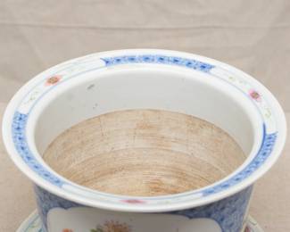 Another view of the vintage Chinese porcelain jardiniére or cache pot with tray, underglaze blue with hand painted famille rose enamels of flowering chrysanthemums