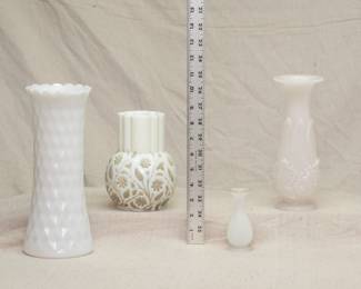 Antique glass vases including a rare EAPG vase from Dalzell, Gilmore & Leighton Glass Company "Onyx" design mold-blown vase circa 1899, (see same in Corning Museum of Glass) and a tall 10-inch diamond pattern milk glass vase