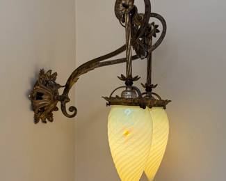 Another closeup of the pair of gorgeous antique sconces with four matching antique hand blown teardrop shape opalescent swirl Vaseline glass (that is also uranium glass) shades