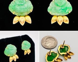 A petite pair of carved apple green jade and 14k gold Happy Buddha pierced earrings