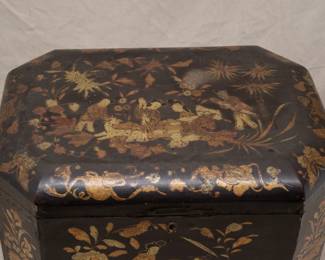Closeup of the rare large antique Chinese lacquer ware tea caddy, tea casket, 19th century, octagonal body with a domed lid. Dark lacquer painted with Chinese genre representations of tea drinking scenes, and flowers with butterflies in gold color gilt. Inside there are two tin boxes with round double lids, hallmarked with meander and tea house motifs; caddy has locking mechanism and key.