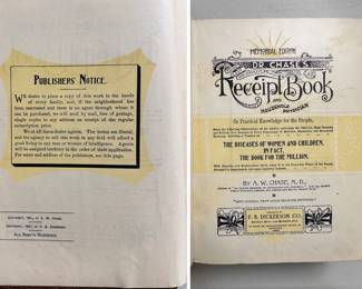 Inside pages of Dr. Chase's Last and Complete Work by A. W. Chase, 1898 Memorial Edition, Third Last and Complete Receipt Book and Household Physician, hardcover, publishers F. B. Dickerson Co. Detroit Michigan