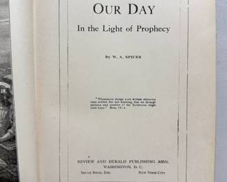Inside page of Our Day in the Light of Prophecy by William Ambrose Spicer, hardcover, copyright 1918