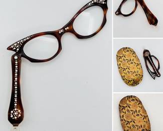 Really retro! Vintage Lucite lorgnette folding reading glasses in cat eye design set with rhinestones, and with gold floral brocade fabric case