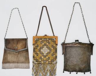 Flapper fashion from America and Europe! Antique Whiting & Davis metal mesh chainmail Princess Mary design purse/handbag with metal chain handle, an antique French Art Deco metal mesh beaded fringed handbag with gold and black geometric pattern and metal beaded fringe, and a 1920s metal mesh handbag with chain handle, the frame stamped German Silver