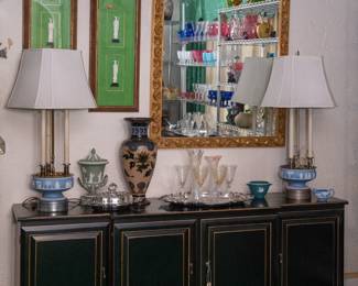 1920s vintage Wedgwood lamps, silver serving trays and beautiful antique glassware, framed Asian artworks, art deco era furniture