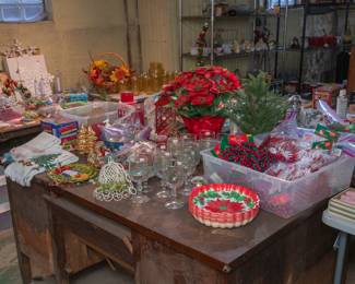 Holiday serving dishes and vintage holiday glassware, Christmas decorations