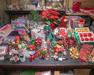 This sale has tables and racks filled with vintage Christmas decorations - Christmas tree ornaments, strings of lights new in box, vintage boxes of tinsel garland, huge selection of vintage hand blown glass ornaments in all shapes and colors, many from Europe; table top trees, Harold Gale Santa figures, nativity scene animals, boxes of candles, holiday dishware and so much more!