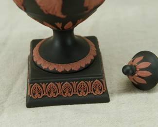 Closeup of the marvelous Wedgwood black basalt 'Dancing Hours' lidded urn with applied terracotta relief and Bacchus head handles. Exquisitely fine modeling on this museum quality piece!