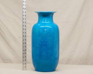 A very large 17-inch-tall Chinese porcelain vase with incised design of flowering peonies beneath a turquoise color glaze