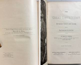 Inside pages of The Great Controversy Between Christ and Satan, by Mrs. E. G. White, 1888, hardcover, tooled leather 