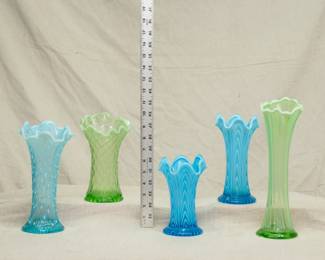 Vintage art glass vases including a Northwood blue opalescent hobnail swung vase, Jefferson or Fenton blue opalescent glass swung vases with ruffled rims, and a vintage Jefferson Glass Co green opalescent diamond quilted swung vase 