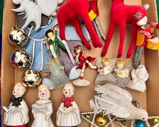 Fabulous vintage Christmas decorations including hand painted porcelain choir singer figurines, flocked red reindeer standing figures, Antique mercury glass beaded star ornaments, wee little angel decorations and more