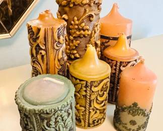 Vintage 70's era Christmas candles, pillar candles with decorative carving and colors