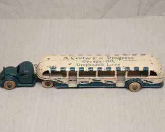 Closer look at the hard-to-find cast iron Chicago World's Fair "A Century of Progress" Greyhound Lines Arcade Transport toy model.