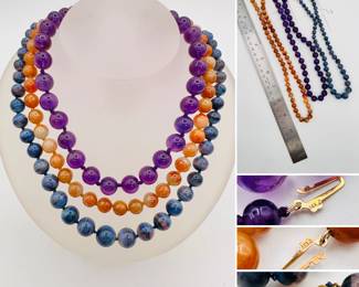 Amethyst, carnelian, and natural stone bead necklaces with 14k yellow gold clasps