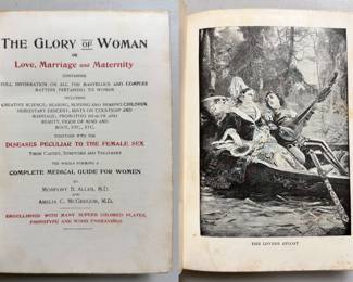 Inside pages of The Glory of Women or Love Marriage and Maternity by Monfort B. Allen, M.D. and Amelia C. McGregor, M.D., hardcover, early 1900s antique copy