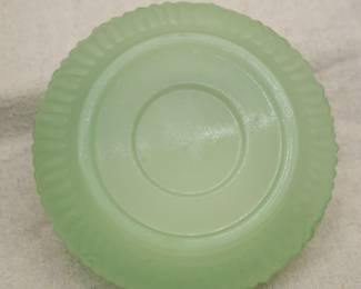 Closeup of charming pair of L.E. Smith elephant finial satin glass powder jars, one pink, one green; vintage depression glass 