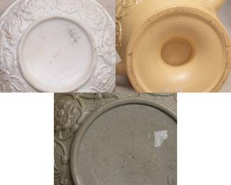 Closeups of the two early 19th Century Wedgwood salt-glazed stoneware teapots with King Charles spaniel finials (see same in the Cleveland Museum of Art) circa 1830, with a spectacular 19th Century Wedgwood caneware coffee pot or chocolate pot with scrolling foliate motif with floral blossoms, lid with a surmounting dog form finial.