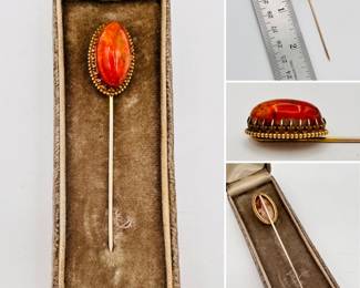 A fabulous Mexican fire opal cabochon stickpin in unmarked gold