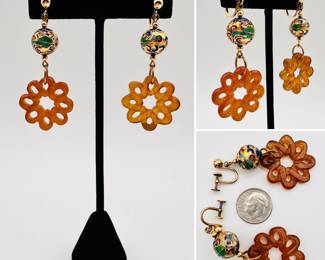 Pair of Chinese cloisonné bead and carved jade flower style clip earrings