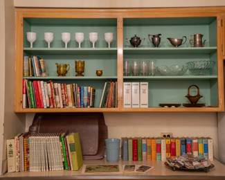 Just some of the hundreds of books available, along with very collectible EAPG milk glass, amber glass, antique silverplate, and more