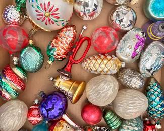 Tons of vintage and antique figural Christmas Tree ornaments, many German, including pine cones, bells, flowers, trumpets, hot air balloons, Santa Claus, and so much more!