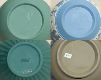 Closeup of the vintage Wedgwood jasperware bowls in blue, green, and drabware