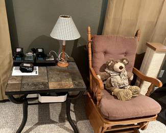 Slate End Tables (2ea), Lamp, Makita Batteries, & Rocking Chair