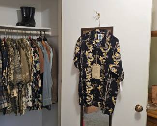 Basement bedroom, many Hawaiian type shirts.