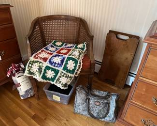 Chair w/ Cane Back, Crochet Blanket, Bed Table, Travel Bag
