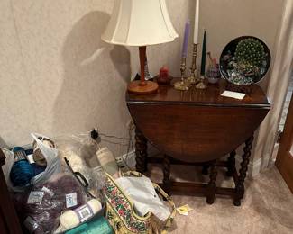 Antique Gate Leg Table, Brass Candle Holders, Cloisonne Plate, Yarn