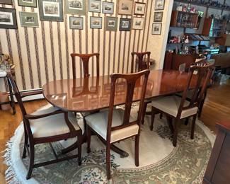 Double Pedestal Dining Table - Narrow, 6 Dining Chairs, Round Chinese Carpet