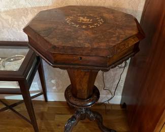 Antique Victorian Walnut Trumpet Sewing Table w/ Inlay Top