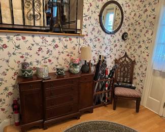 Narrow Mahogany Chest / Entry Chest, Chair, Umbrellas, Umbrella Stand