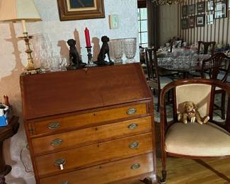 Antique Federal Slant Front Desk, Vases, Lamp, Tub Chair