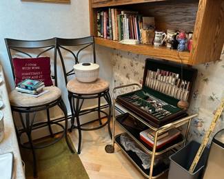 Counter Stools, Flatware, Vintage Rolling Cart, Cookbooks 