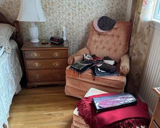 Pair of Nightstands, Chair w/ Ottoman, Scarves