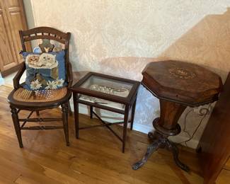 Cane Seat Chair, Small Curio Shadow Box Table, Antique Trumpet Sewing Table