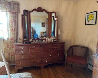 Dresser w/ Mirror, Chair w/ Cane Back