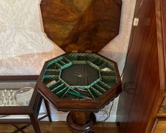Antique Victorian Walnut Trumpet Sewing Table w/ Inlay Top