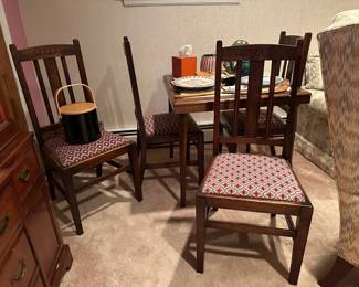 Set of 4 Antique Oak Arts & Crafts Chairs, Folding Table