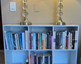 Bookcase w 3 Baskets, Books, Table Lamps pair